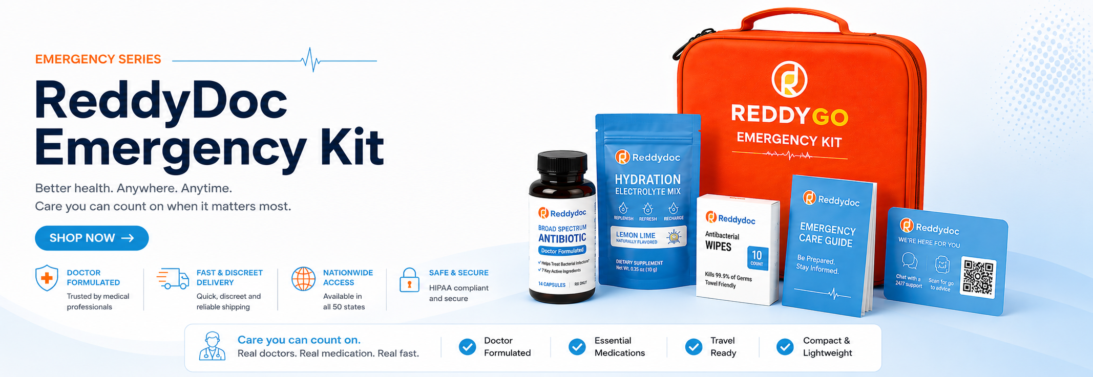 ReddyDoc Emergency Kit — Ivermectin, hydration, antibacterial wipes, and emergency care guide in a compact travel case